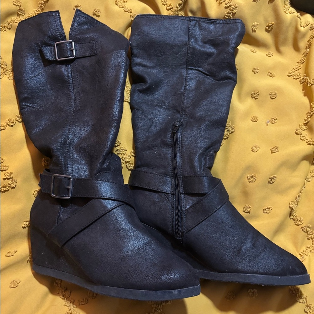 Women's Black wedge Boots- knee high